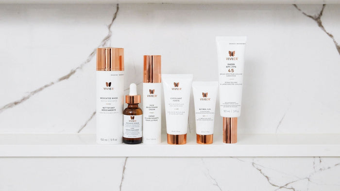 Vivier skincare routine featuring Medicated Wash, Radiance Serum, Skin Brightening Cream, Exfoliant Forte, Retinol 1.0% and SHEER SPF 45.