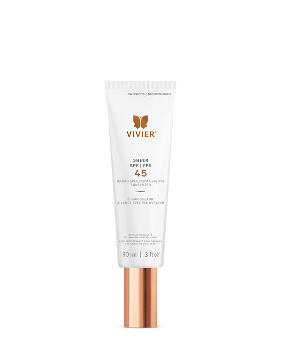 A sheer, matte sunscreen with an SPF 45 broad-spectrum UVA/UVB protection from a combination of mineral and chemical based filters. Vitamin E and silica provide weightless hydration while leaving skin with a soft and silky texture.